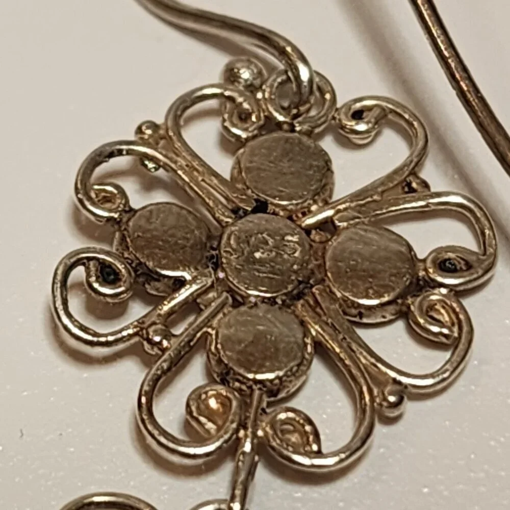 925 Silver Filigree Floral Motif Dangle Earrings